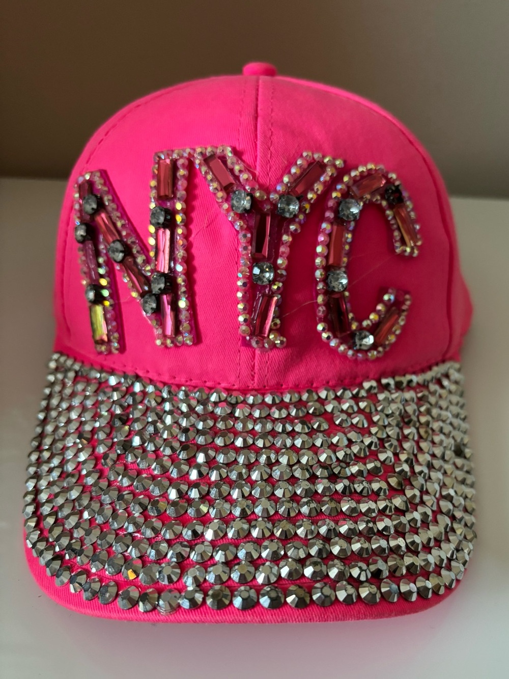 Hot Pink NYG Crystal Embellished Baseball Cap